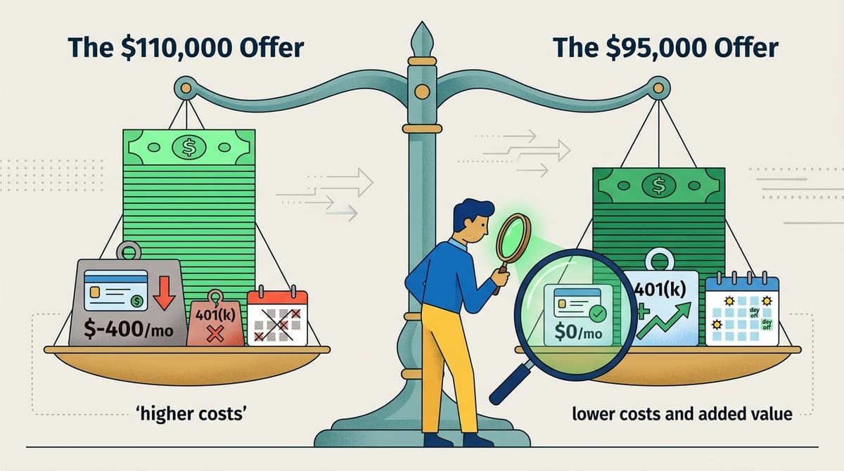 Editorial illustration for "The Salary Number Is a Distraction. Here's What to Actually Compare."