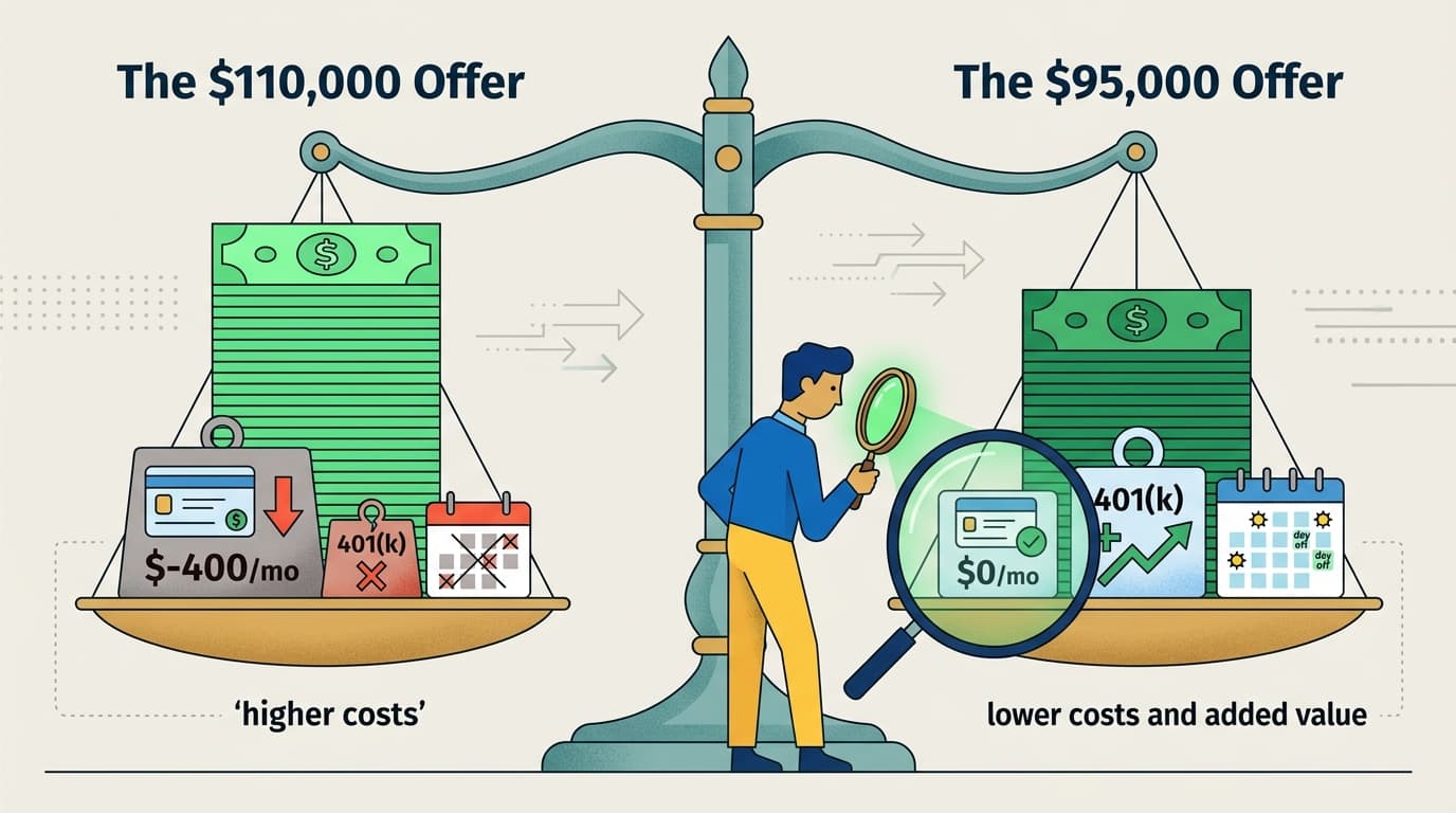 Editorial illustration for "The Salary Number Is a Distraction. Here's What to Actually Compare."