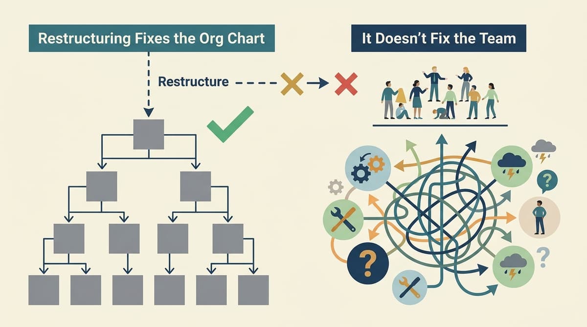 Editorial illustration for "Restructuring Fixes the Org Chart. It Doesn't Fix the Team."