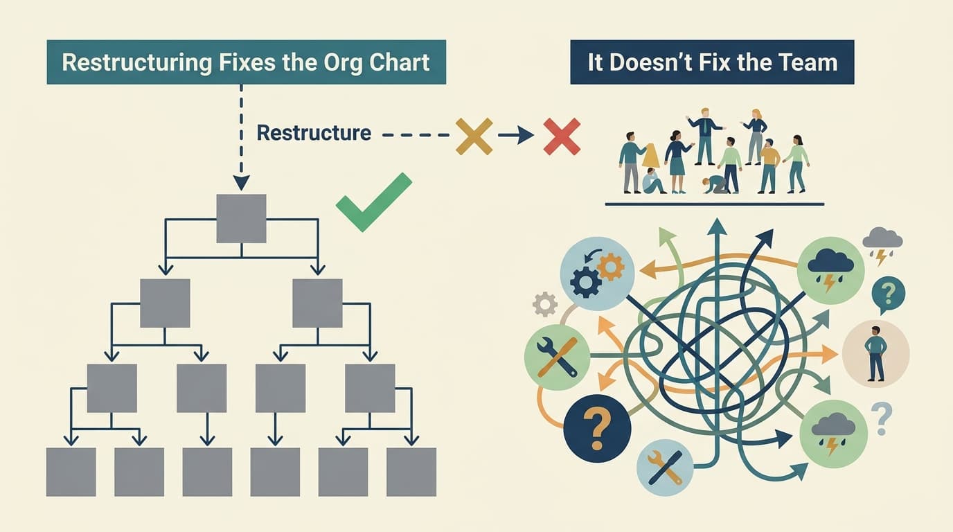 Editorial illustration for "Restructuring Fixes the Org Chart. It Doesn't Fix the Team."