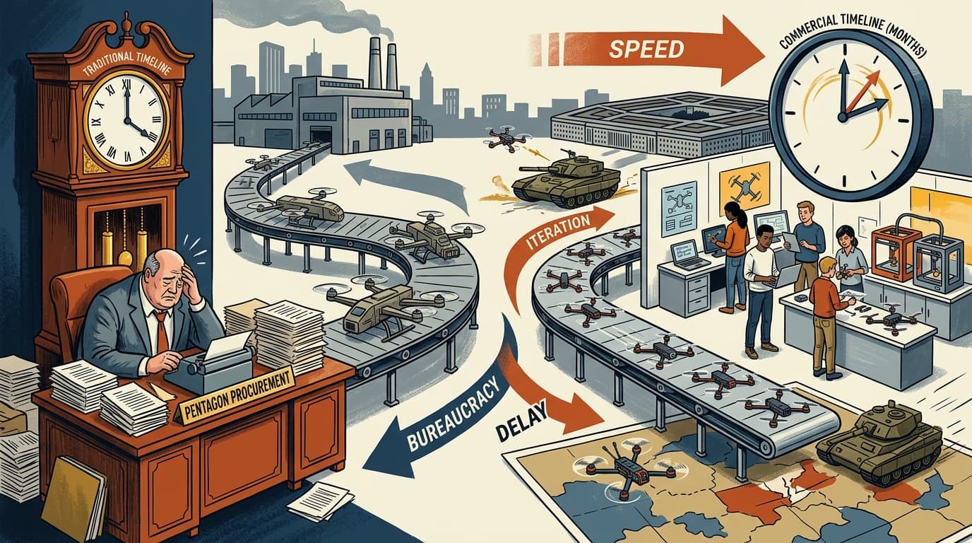 Editorial illustration for "The Pentagon's Drone Procurement Problem Isn't Budget — It's Speed"