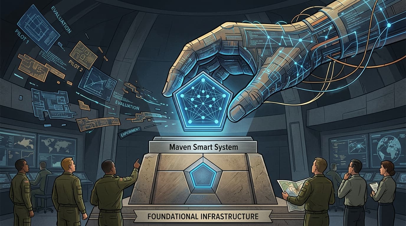 Editorial illustration for "The Pentagon Just Stopped Treating Defense AI as a Pilot Program"