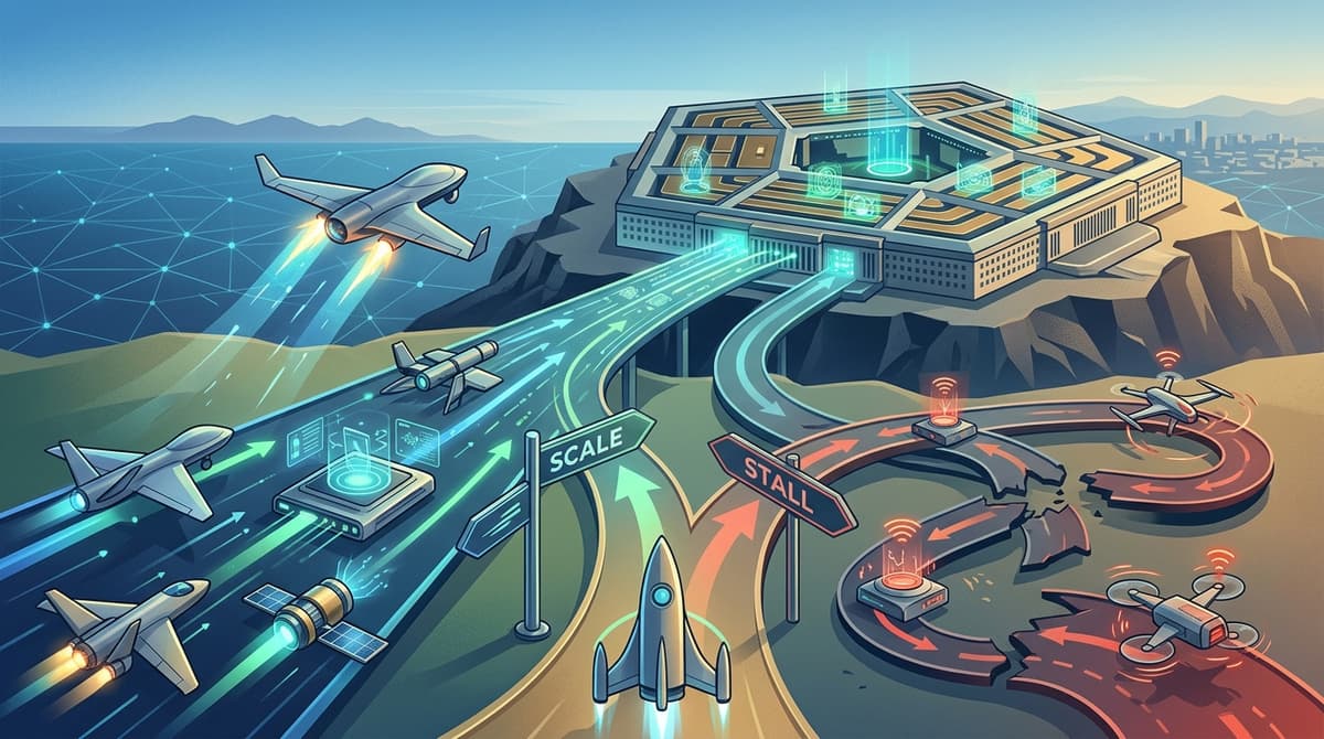 Editorial illustration for "The Difference Between Defense Startups That Scale and Those That Stall Is Simpler Than You Think"